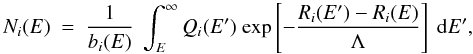 \begin{equation} N_i(E) \ = \ \frac{1}{b_i(E)} \ \int_E^{\infty} Q_i(E') \ {\rm exp} \left[-\frac{R_i(E')-R_i(E)}{\Lambda} \right] \ {\rm d}E', \end{equation}