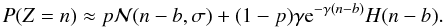 \begin{equation} P(Z=n) \approx p\mathcal{N}(n-b,\sigma) + (1-p) \gamma {\rm e}^{-\gamma (n - b) } H(n-b). \label{photon} \end{equation}