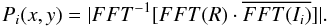 \begin{equation} P_{i}(x,y) = \vert FFT^{-1} [ FFT(R) \cdot \overline{FFT(I_i )} ] \vert. \end{equation}