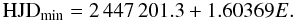 \begin{equation} {\rm HJD_{min}} = 2\,447\,201.3 + 1.60369E. \label{ephem} \end{equation}