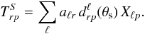\begin{equation} \label{eq:signal_map} T^{S}_{r p} = \sum_{\ell} a_{\ell r} \, d^{\ell}_{r p}(\theta_{\mathrm{s}}) \, X_{\ell p}. \end{equation}