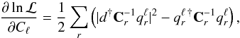 \begin{equation} \label{eq:score_torus} \frac{\partial \ln {\cal L}}{\partial C_{\ell}} = \frac{1}{2} \sum_{r} \left( \vert d^{\dagger} \mathbf{C}^{-1}_{r} q^{\ell}_{r} \vert^2 - q^{\ell \, \dagger}_{r} \mathbf{C}^{-1}_{r} q^{\ell}_{r} \right), \end{equation}