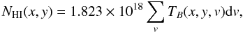 \begin{equation} N_{\rm HI}(x,y) = 1.823\times 10^{18} \sum_v T_B(x,y,v){\rm d}v, \end{equation}