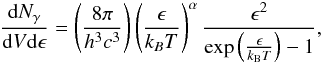 \begin{equation} \label{eq:no2} \frac{{\rm d} N_{\gamma}}{{\rm d} V {\rm d} \epsilon} = \left(\frac{8 \pi}{h^3 c^3}\right)\left(\frac{\epsilon}{k_B T}\right)^{\alpha}\frac{\epsilon^2}{\exp\left(\frac{\epsilon}{k_{\rm B} T}\right)-1}, \end{equation}