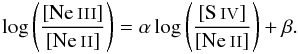 \begin{equation} \log\left( \frac{\NeIII}{\NeII} \right) = \alpha \log\left( \frac{\SIV}{\NeII} \right) + \beta . \end{equation}