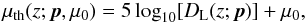 \begin{equation} \label{eq:mu} \mu_{\rm th}(z; \vec{p}, \mu_0 )=5\log_{10} [D_{\rm L}(z; \vec{p})]+\mu_0, \end{equation}