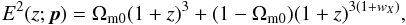 \begin{equation} \label{eq:XCDMFriedmann} E^2(z;\vec{p}) = \Omega_{\rm m0}(1+z)^3+(1-\Omega_{\rm m0})(1+z)^{3(1+w_X)}, \end{equation}