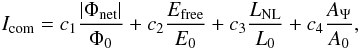 \begin{eqnarray} I_{\rm com}=c_{1}\frac{|\Phi_{\rm net}|}{\Phi_{0}}+c_{2}\frac{E_{\rm free}}{E_{0}}+c_{3}\frac{L_{\rm NL}}{L_{0}}+c_{4}\frac{A_{\Psi}}{A_{0}}, \end{eqnarray}