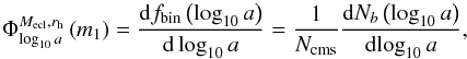 \begin{equation} \Phi_{\log_{10}a}^{\mecl,\rh}\left(m_1\right) = \frac{{\rm d}\fb\left(\log_{10}a\right)}{{\rm d}\log_{10}a} = \frac{1}{\ncms}\frac{{\rm d}\nb\left(\log_{10}a\right)}{{\rm d}\!\log_{10}a}, \end{equation}