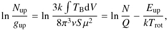 \begin{equation} \ln\frac{N_{\rm up}}{g_{\rm up}}=\ln\frac{3k\int T_{\rm B}{\rm d}V}{8\pi^3\nu S\mu^2}=\ln\frac{N}{Q}-\frac{E_{\rm up}}{kT_{\rm rot}}, \end{equation}