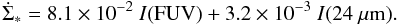 \begin{equation} \dot{\Sigma}_{*} =8.1 \times 10^{-2}\ I({\rm FUV}) + 3.2 \times 10^{-3}~ I(24~\mu {\rm m}). \label{eq:24mu} \end{equation}