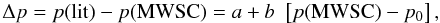 \begin{equation} \Delta p = p(\mathrm{lit}) - p(\mathrm{MWSC}) = a + b\,\,\left[p(\mathrm{MWSC})-p_0\right], \end{equation}