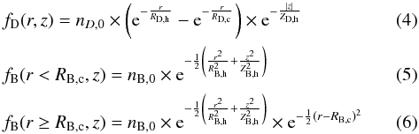 \begin{eqnarray} &&f_{\rm D}(r,z) = n_{D,0} \times \left( {\rm e}^{-\frac{r}{R_{\rm D,h}}}-{\rm e}^{-\frac{r}{R_{\rm D,c}}} \right) \times {\rm e}^{-\frac{|z|}{Z_{\rm D,h}}}\\ &&f_{\rm B}(r < R_{\rm B,c},z) = n_{\rm B,0} \times {\rm e}^{-\frac{1}{2} \left(\frac{r^2}{R_{\rm B,h}^2} + \frac{z^2}{Z_{\rm B,h}^2} \right) }\\ &&f_{\rm B}(r \geq R_{\rm B,c},z) = n_{\rm B,0} \times {\rm e}^{-\frac{1}{2} \left(\frac{r^2}{R_{\rm B,h}^2} + \frac{z^2}{Z_{\rm B,h}^2} \right) } \times {\rm e}^{-\frac{1}{2} (r-R_{\rm B,c})^2} \end{eqnarray}
