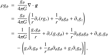 \appendix \setcounter{section}{1} \begin{eqnarray} \rho g_{\phi} & = & \frac{g_{\phi}}{4\pi G}\nabla\cdot{\vec g} \nonumber \\ & = & \frac{g_{\phi}}{4\pi G}\left(\frac{1}{r}\partial_r(rg_r) + \frac{1}{r}\partial_{\phi}g_{\phi} + \partial_zg_z\right) \nonumber \\ & = & \frac{1}{4\pi G}\left[\frac{g_rg_{\phi}}{r} + \partial_r(g_rg_{\phi}) + \frac{1}{r}\partial_{\phi}g_{\phi}g_{\phi} + \partial_zg_zg_{\phi}\right. \nonumber \\ & & - \left.\left(g_r\partial_rg_{\phi} + \frac{1}{r}g_{\phi}\partial_{\phi}g_{\phi} + g_z\partial_zg_{\phi}\right)\right], \end{eqnarray}