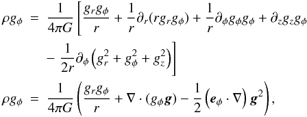 \appendix \setcounter{section}{1} \begin{eqnarray} \rho g_{\phi} & = & \frac{1}{4\pi G}\left[\frac{g_rg_{\phi}}{r} + \frac{1}{r}\partial_r(rg_rg_{\phi}) + \frac{1}{r}\partial_{\phi}g_{\phi}g_{\phi} + \partial_zg_zg_{\phi}\right. \nonumber \\ & & - \left. \frac{1}{2r}\partial_{\phi}\left(g_r^2 + g_{\phi}^2 + g_z^2\right)\right] \nonumber \\ \rho g_{\phi} & = & \frac{1}{4\pi G}\left(\frac{g_rg_{\phi}}{r} + \nabla\cdot(g_{\phi}{\vec g}) - \frac{1}{2}\left({\vec e_{\phi}}\cdot\nabla\right){\vec g}^2\right), \end{eqnarray}