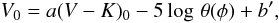 \begin{equation} V_0 = a (V-K)_0 -5 \log\, \theta(\phi) + b', \end{equation}