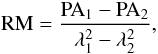 \begin{equation} \label{rm_def} {\rm RM} = \frac{{\rm PA}_1 - {\rm PA}_2}{\lambda_1^2-\lambda_2^2}, \end{equation}