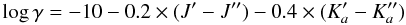 \begin{equation} % \log \gamma = -10 - 0.2 \times (J' - J'') - 0.4 \times (K_a' - K_a'') \label{eq-approximate-collision-coeffs} \end{equation}