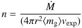 \begin{equation} % n = \frac{\dot{M}}{(4 \pi r^2 \langle m_{\rm g} \rangle v_{\rm exp})} \label{eq-density-mass-conservation} \end{equation}