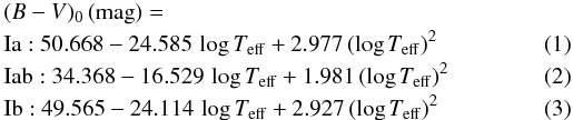 \begin{eqnarray} && (B-V)_0\,({\rm mag})= \nonumber \\ \label{bmvIacal}&& {\rm Ia:} ~50.668-24.585\,\log T_{\rm eff}+2.977\,(\log T_{\rm eff})^2 \\ \label{bmvIabcal}&& {\rm Iab:} ~34.368-16.529\,\log T_{\rm eff}+1.981\,(\log T_{\rm eff})^2 \\ \label{bmvIbcal}&& {\rm Ib:} ~49.565-24.114\,\log T_{\rm eff}+2.927\,(\log T_{\rm eff})^2 \end{eqnarray}