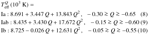 \begin{eqnarray} && T_{\rm eff}^Q\,(10^3~{\rm K})= \nonumber \\ \label{Iacal}&& {\rm Ia:} ~8.691+3.447\,Q+13.843\,Q^2\,,\,~-0.30\ga Q\ga -0.65 \\ \label{Iabcal}&& {\rm Iab:} ~8.435+3.430\,Q+17.672\,Q^2\,,~~-0.15\ga Q\ga -0.60 \\ \label{Ibcal}&& {\rm Ib:} ~8.725-0.026\,Q+12.631\,Q^2\,,~~-0.05\ga Q\ga -0.55 \end{eqnarray}