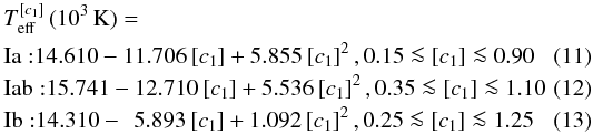 \begin{eqnarray} && T_{\rm eff}^{[c_1]}\,(10^3\,{\rm K})= \nonumber \\ \label{Iacalstr}&& {\rm Ia:} 14.610-11.706\,[c_1]+5.855\,[c_1]^2\,,0.15\la [c_1]\la0.90\quad\quad \\ \label{Iabcalstr}&& {\rm Iab:} 15.741-12.710\,[c_1]+5.536\,[c_1]^2\,,0.35\la [c_1]\la 1.10\quad\quad \\ \label{Ibcalstr}&& {\rm Ib:} 14.310-~\,5.893\,[c_1]+1.092\,[c_1]^2\,,0.25\la [c_1]\la 1.25\quad\quad \end{eqnarray}