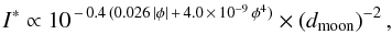 \begin{equation} \label{eq:moonillu} I^{*} \propto 10^{\,-\,0.4\,(0.026 \,|\phi| \,+ \,4.0 \,\times \,10^{-9} \,\phi^4)} \times \left(d_\mathrm{moon}\right)^{-2}, \end{equation}
