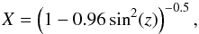 \begin{equation} \label{eq:scatterairmass} X = \left(1 - 0.96 \sin^2(z)\right)^{-0.5}, \end{equation}
