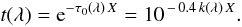 \begin{equation} \label{eq:extinction} t(\lambda) = \mathrm{e}^{-\tau_0(\lambda)\,X} = 10^{\,-\,0.4\,k(\lambda)\,X}. \end{equation}