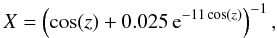 \begin{equation} \label{eq:airmass} X = \left(\cos(z) + 0.025 \,\mathrm{e}^{-11 \cos(z)}\right)^{-1}, \end{equation}