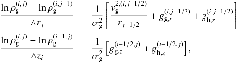 \appendix \setcounter{section}{1} \begin{eqnarray} {\ln\rho^{(i,j)}_{\rm g} -\ln\rho_{\rm g}^{(i,j-1)} \over \triangle r_j} &=& {1 \over \sigma^2_{\rm g}} \left[{ v_{\rm g}^{2,(i,j-1/2)} \over r_{j-1/2} } + g_{{\rm g},r}^{(i,j-1/2)} + g_{{\rm h},r}^{(i,j-1/2)} \right] \nonumber \\ {\ln\rho_{\rm g}^{(i,j)} -\ln\rho_{\rm g}^{(i-1,j)} \over \triangle z_i} &=& {1 \over \sigma^{2}_{\rm g}}\left[ g_{{\rm g},z}^{(i-1/2,j)} + g_{{\rm h},z}^{(i-1/2,j)} \right], \end{eqnarray}