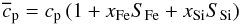 \begin{equation} \overline{c}_{\rm p}=c_{\rm p}\left(1+x_{\rm Fe}S_{\rm Fe}+x_{\rm Si}S_{\rm Si}\right) \label{cpmod} \end{equation}