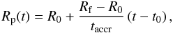 \begin{equation} R_{\rm p}(t)=R_{0}+\frac{R_{\rm f}-R_{0}}{t_{\rm accr}}\left( t-t_{0} \right), \label{lin} \end{equation}