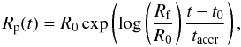\begin{equation} R_{\rm p}(t)=R_{0} \exp \left( \log \left( \frac{R_{\rm f}}{R_{0}} \right) \frac{t-t_{0}}{t_{\rm accr}} \right), \label{exp} \end{equation}
