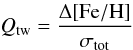 \begin{equation} \centering Q_\mathrm{tw} = \frac{\Delta\mathrm{[Fe/H]}}{\sigma_\mathrm{tot}} \end{equation}