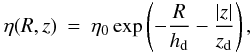 \begin{eqnarray} \eta(R,z) &=& \eta_0 \exp\left(-\frac{R}{h_{\rm d}}-\frac{|z|}{z_{\rm d}}\right), \end{eqnarray}