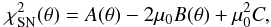 \begin{equation} \chi^2_{\rm SN}({\bf\theta})=A({\bf\theta})-2\mu_0 B({\bf\theta})+\mu_0^2 C, \end{equation}