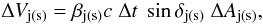 \begin{equation} \Delta V_{\rm j(s)} = \beta_{\rm j(s)}c\;\Delta t\;\sin\delta_{\rm j(s)}\;\Delta A_{\rm j(s)}, \end{equation}