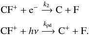 \begin{eqnarray*} \textrm{F} + \hh &\xrightarrow[]{} \textrm{HF} + \textrm{H} \\ \textrm{HF} + \Cp &\xrightarrow[]{k_1} \CFp + \textrm{H} \end{eqnarray*}