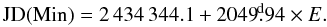 \begin{equation} {\rm JD(Min)} = 2\,434\,344.1 + 2049\fd94 \times E. \label{eq.efem} \end{equation}