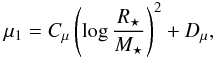 \begin{equation} \label{eq:mu1_rm} \mu_1 = C_\mu \left(\log \frac{R_\star}{M_\star} \right )^2 + D_\mu, \end{equation}
