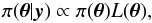 \begin{equation} \label{eq:bayes} \pi(\thetav|\yv) \propto \pi(\thetav) L(\thetav), \end{equation}