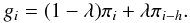 \appendix \setcounter{section}{1} \begin{equation} \label{definition_g} g_{i} = (1 - \lambda) \pi_{i} + \lambda \pi_{i-h} . \end{equation}