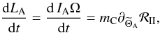 \begin{equation} \frac{{\rm d}L_{\rm A}}{{\rm d}t}= \frac{{\rm d} \, I_{\rm A}\Omega}{{\rm d}t}=m_{\rm C} \partial_{\widetilde \Theta_{\rm A}}{\mathcal R}_{\II}, \label{evolO} \end{equation}
