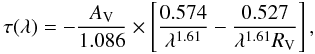 \begin{equation} \tau(\lambda)=-\frac{A_{\rm V}}{1.086}\times\left[\frac{0.574}{\lambda^{1.61}}-\frac{0.527}{\lambda^{1.61}R_{\rm V}}\right] , \end{equation}
