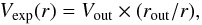\begin{equation} \label{eq_velocity} V_{\rm exp} (r)= V_{\rm out} \times (r_{\rm out}/r), \end{equation}
