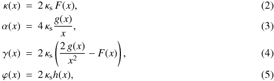 \begin{eqnarray} \kappa(x) &=& 2\, \kappa_{\rm s}\,F(x) \label{kappa_nfw},\\ \alpha(x) &=& 4\,\kappa_{\rm s}\frac{g(x)}{x}\label{alpha_nfw},\\ \gamma(x) &=& 2\,\kappa_{\rm s}\left(\frac{2\,g(x)}{x^2}-F(x)\right) \label{shear_nfw},\\ \varphi(x)&=& 2\,\kappa_{\rm s} h(x),\label{pot_nfw} \end{eqnarray}