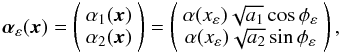 \appendix \setcounter{section}{1} \begin{equation} \vec{\alpha}_\varepsilon(\vec{x})= \left(\begin{array}{c} \alpha_{1}(\vec{x}) \\ \alpha_{2}(\vec{x}) \end{array}\right)= \left(\begin{array}{c} \alpha(x_\varepsilon)\sqrt{a_{1}}\cos{\phi_\varepsilon}\\ \alpha(x_\varepsilon)\sqrt{a_{2}}\sin{\phi_\varepsilon} \end{array}\right), \label{ang_pel2} \end{equation}