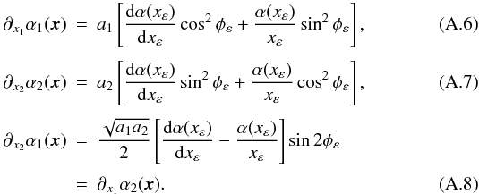 \appendix \setcounter{section}{1} \begin{eqnarray} \partial_{x_1}\alpha_{1}(\vec{x})&=& a_{1}\left[\frac{{\rm d}\alpha(x_\varepsilon)}{{\rm d} x_\varepsilon}\cos^2{\phi_\varepsilon} +\frac{\alpha(x_\varepsilon)}{x_\varepsilon}\sin^2{\phi_\varepsilon}\right], \label{comp_x_elad}\\[1mm] \partial_{x_2}\alpha_{2}(\vec{x})&=& a_{2}\left[\frac{{\rm d}\alpha(x_\varepsilon)}{{\rm d} x_\varepsilon}\sin^2{\phi_\varepsilon} +\frac{\alpha(x_\varepsilon)}{x_\varepsilon}\cos^2{\phi_\varepsilon} \right],\label{comp_y_elad}\\[1mm] \partial_{x_2}\alpha_{1}(\vec{x})&=&\frac{\sqrt{a_{1}a_{2}}}{2} \left[\frac{{\rm d}\alpha(x_\varepsilon)}{{\rm d} x_\varepsilon}-\frac{\alpha(x_\varepsilon)}{x_\varepsilon}\right]\sin{2\phi_\varepsilon}\nonumber \\[1mm] &=& \partial_{x_1}\alpha_{2}(\vec{x}) \label{comp_xy_elad}. \end{eqnarray}