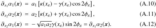 \appendix \setcounter{section}{1} \begin{eqnarray} \partial_{x_1}\alpha_{1}(\vec{x})&=& a_{1}\left[\kappa(x_\varepsilon)-\gamma(x_\varepsilon)\cos{2\phi_\varepsilon}\right], \label{comp_x_elad2}\\[1mm] \partial_{x_2}\alpha_{2}(\vec{x})&=& a_{2}\left[\kappa(x_\varepsilon)+\gamma(x_\varepsilon)\cos{2\phi_\varepsilon}\right],\label{comp_y_elad2}\\[1mm] \partial_{x_2}\alpha_{1}(\vec{x})&=&-\sqrt{a_{1}a_{2}}\gamma(x_\varepsilon) \sin{2\phi_\varepsilon}=\partial_{x_1}\alpha_{2}(\vec{x}). \label{comp_xy_elad2} \end{eqnarray}